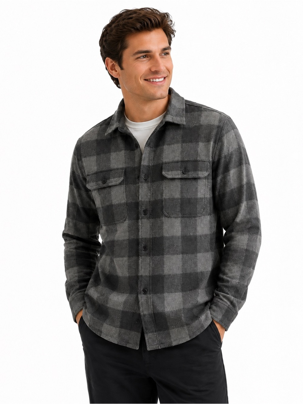 Quince Buffalo Plaid Fleece Shirt Jacket Gray Size L Soft Stretch Button Up